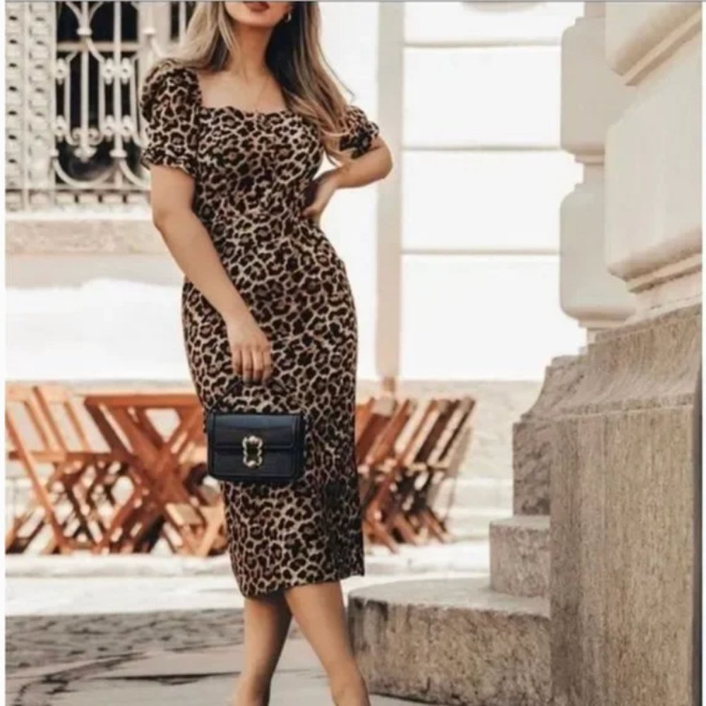 ZARA Sweetheart Neckline Leopard Dress with Puff Sleeve ✨🤎